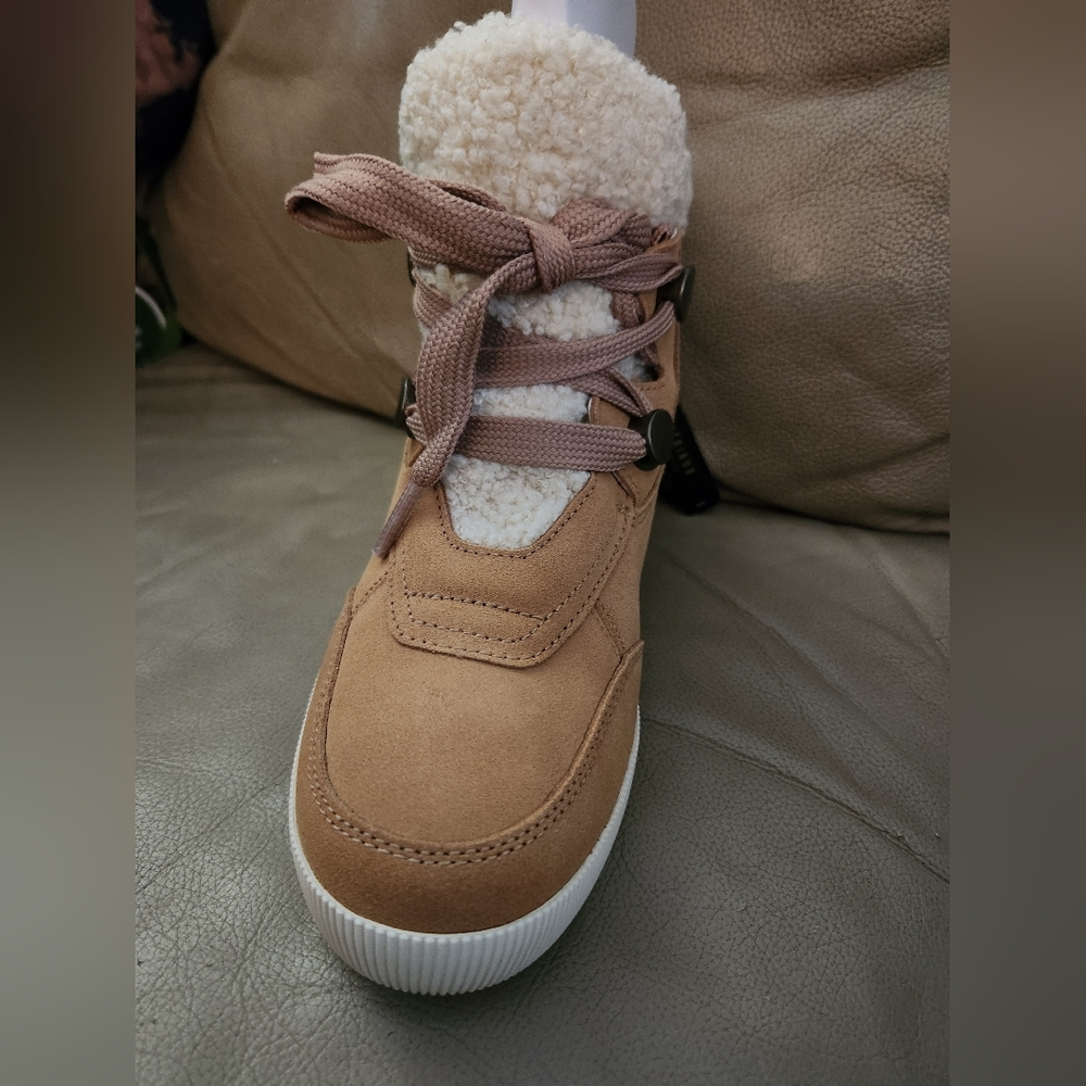Sorel Tan Suede Wedge Booties with Cream Shearling Trim - Picture 3 of 5